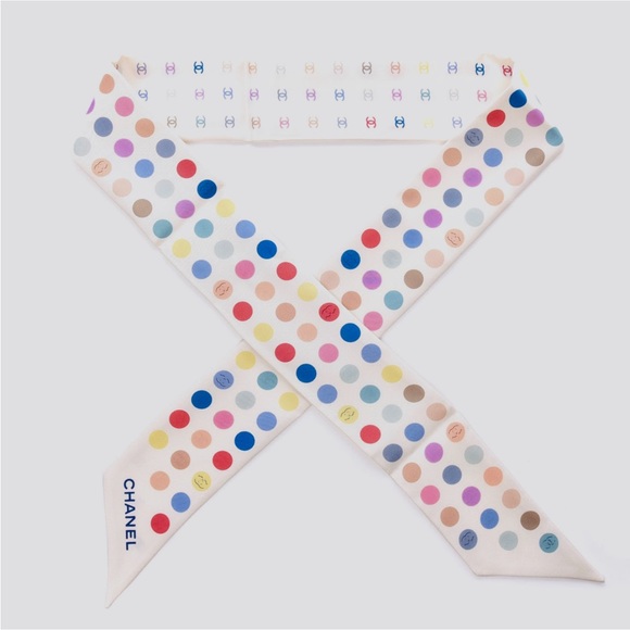 Authentic CHANEL Silk Polka Dot CC Slim Bandeau Scarf Ivory Multicolor Twilly - Picture 1 of 12